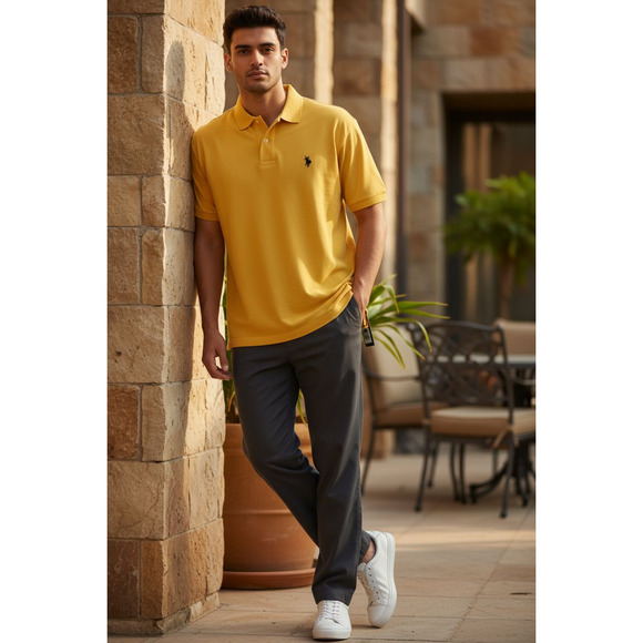 NWT  2 (Yellow & Black) US Assn. Men's Performance Pique Polo Shirts - Picture 1 of 6